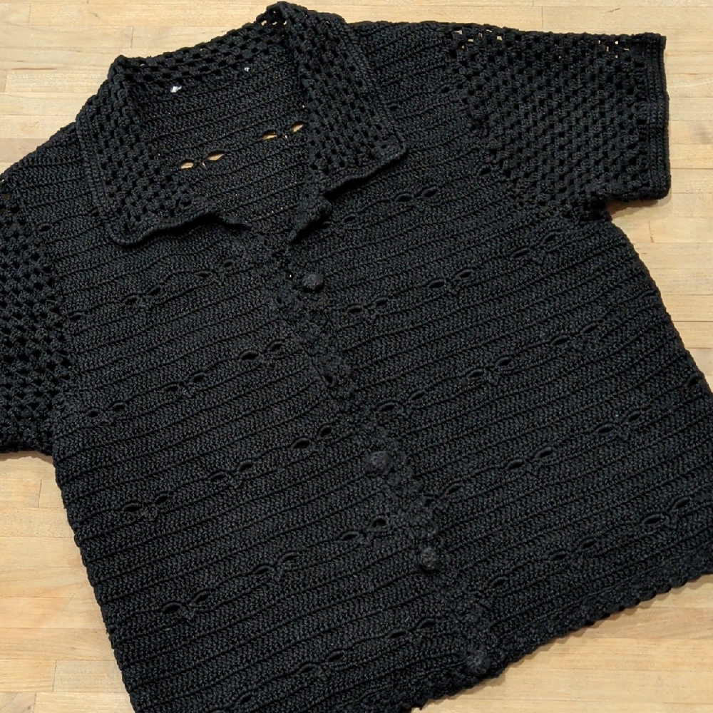 Crocheted Black Cotton Short Sleeve Cardigan Size Medium